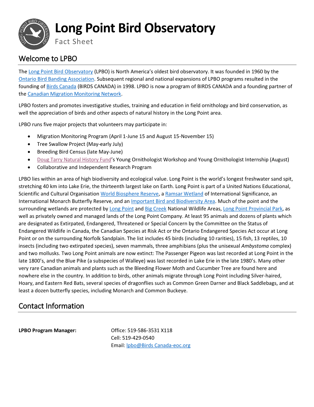 Long Point Bird Observatory Fact Sheet