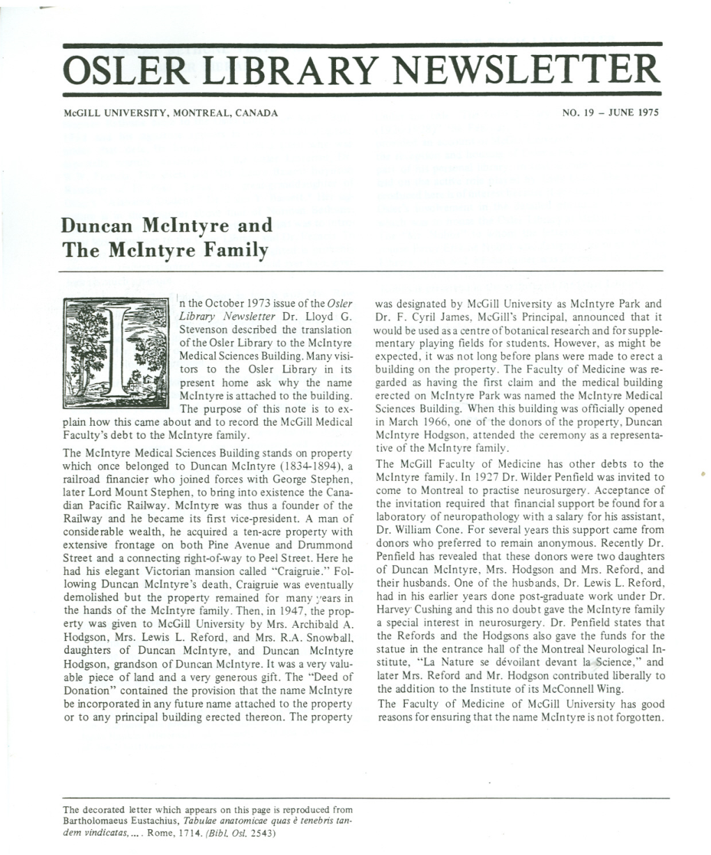 Osler Library Newsletter