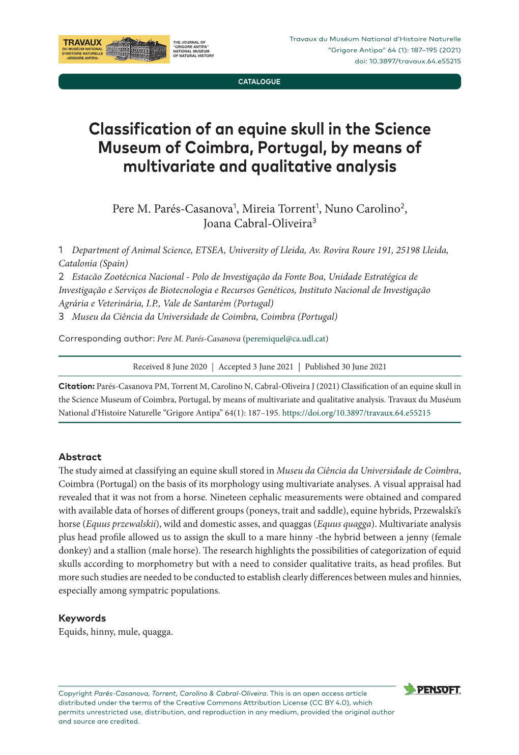 Classification of an Equine Skull in the Science Museum of Coimbra, Portugal, by Means of Multivariate and Qualitative Analysis