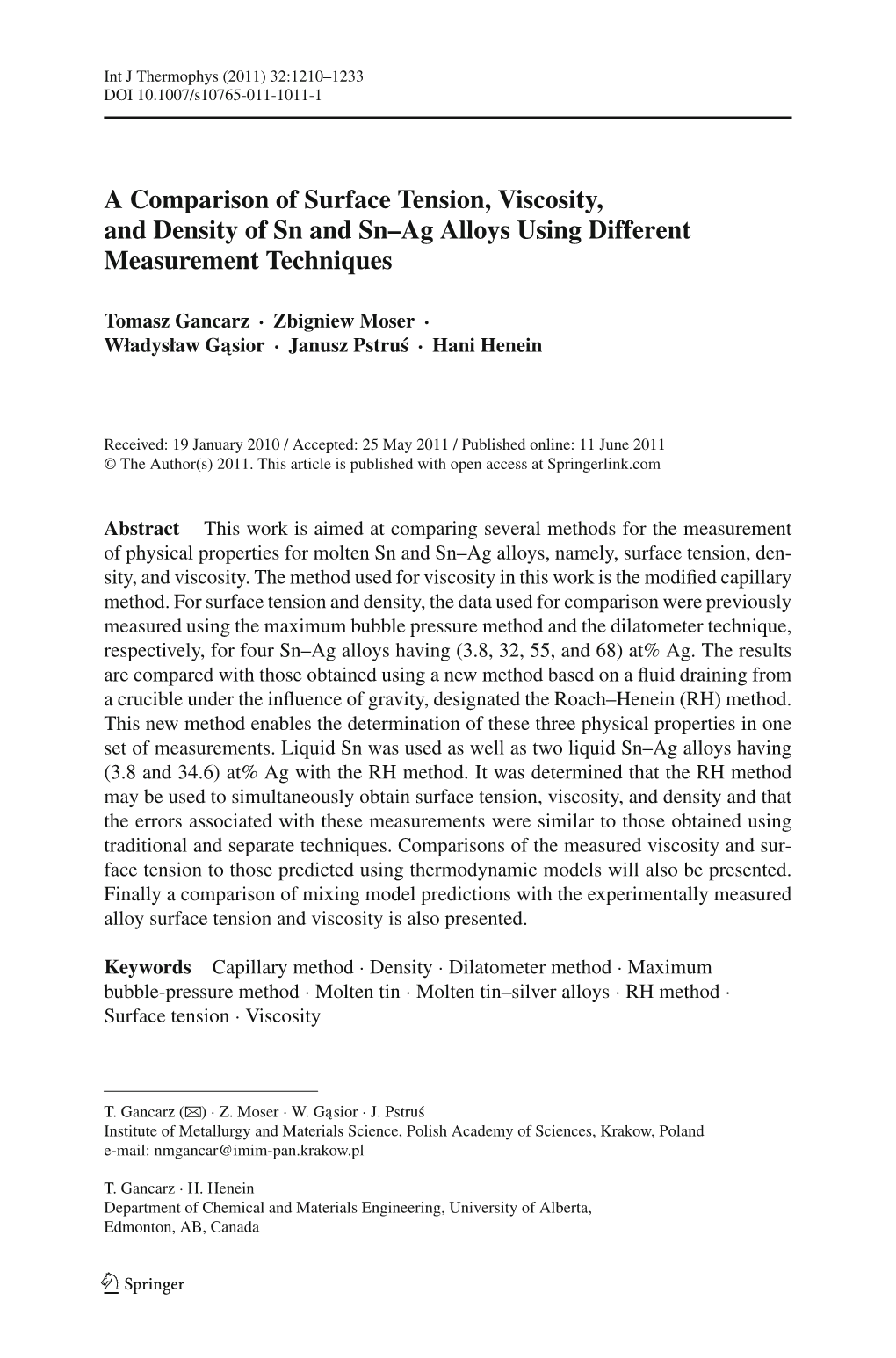 A Comparison of Surface Tension, Viscosity, and Density of Sn and Sn–Ag Alloys Using Different Measurement Techniques