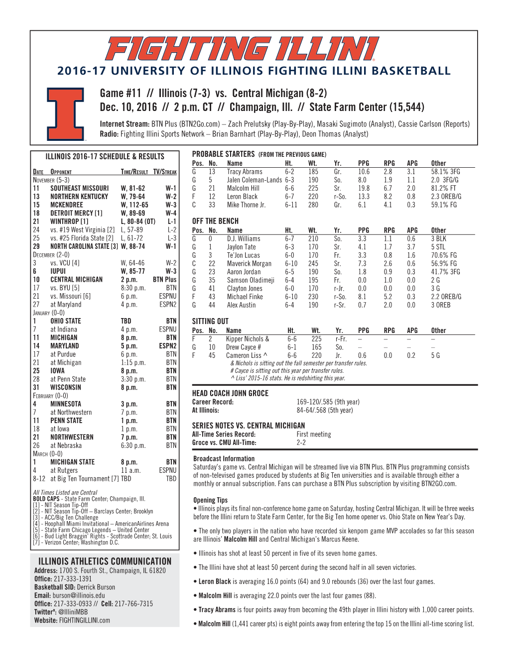 Game #11 // Illinois (7-3) Vs. Central Michigan (8-2) Dec. 10, 2016 // 2 P.M