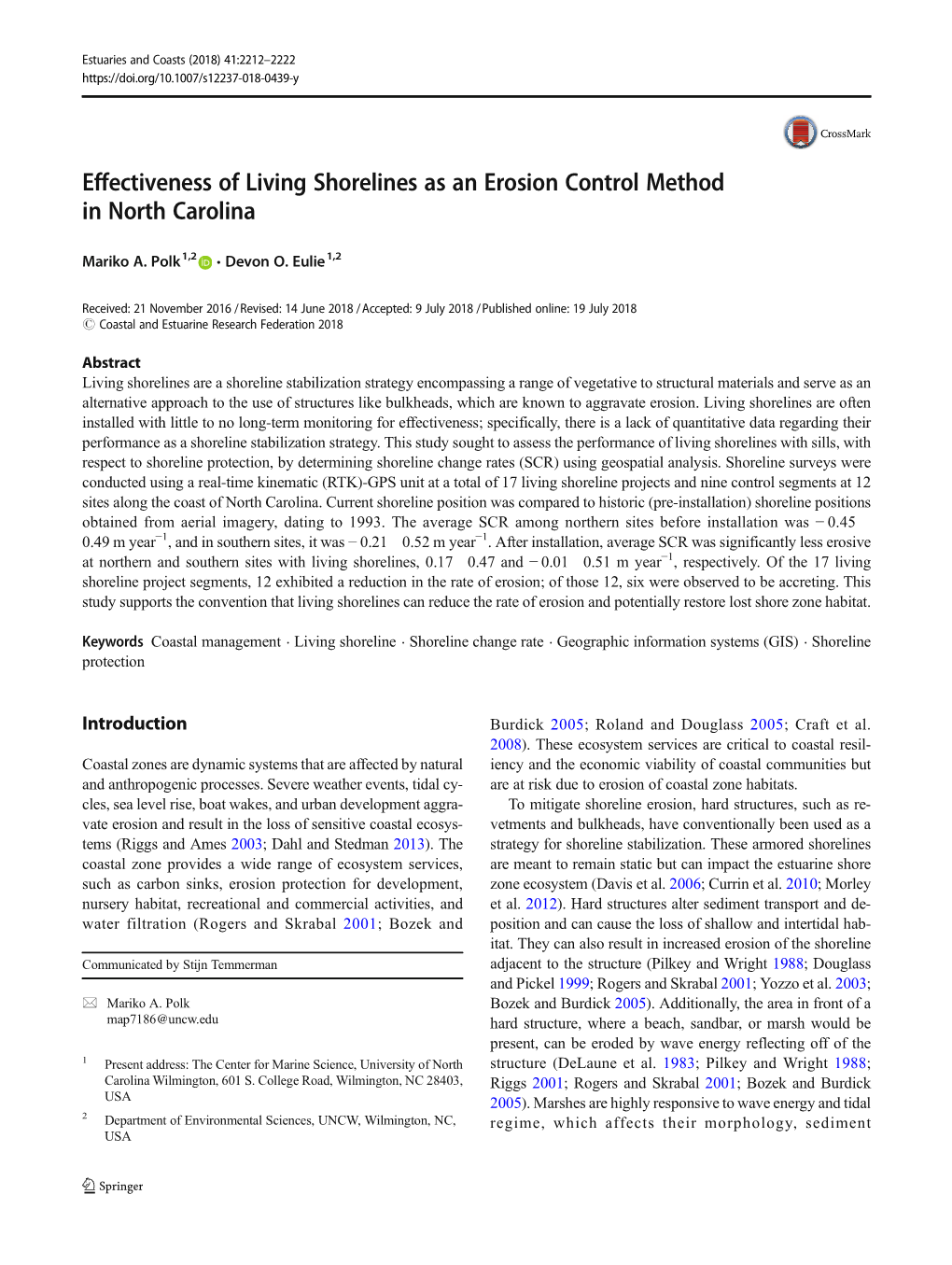 Effectiveness of Living Shorelines As an Erosion Control Method in North Carolina