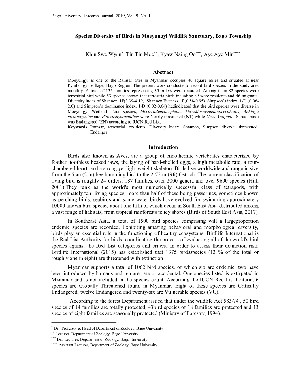 Species Diversity of Birds in Moeyungyi Wildlife Sanctuary, Bago Township