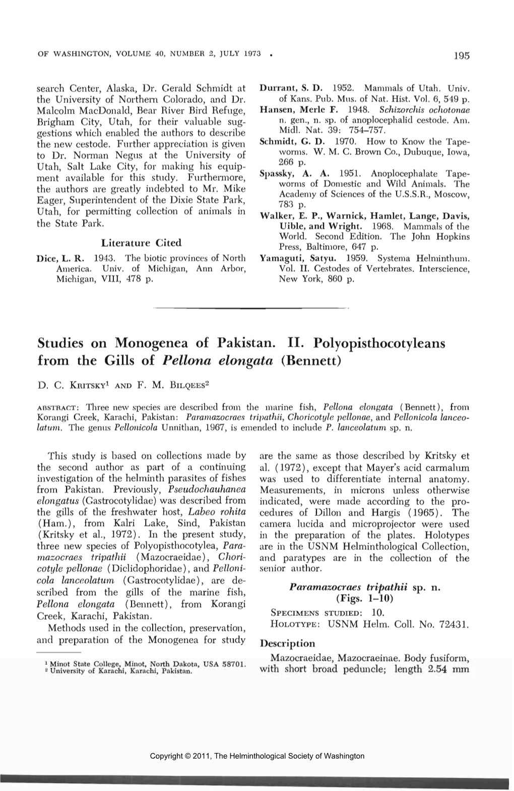 Studies on Monogenea of Pakistan. II. Polyopisthocotyleans from the Gills of Pellona Elongata (Bennett)