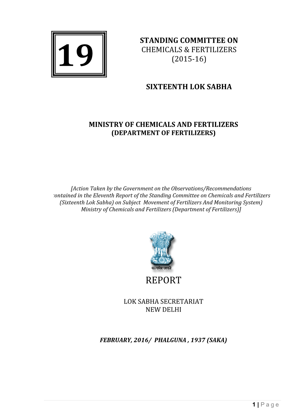 Chemicals & Fertilizers (2015-16) Sixteenth Lok Sabha