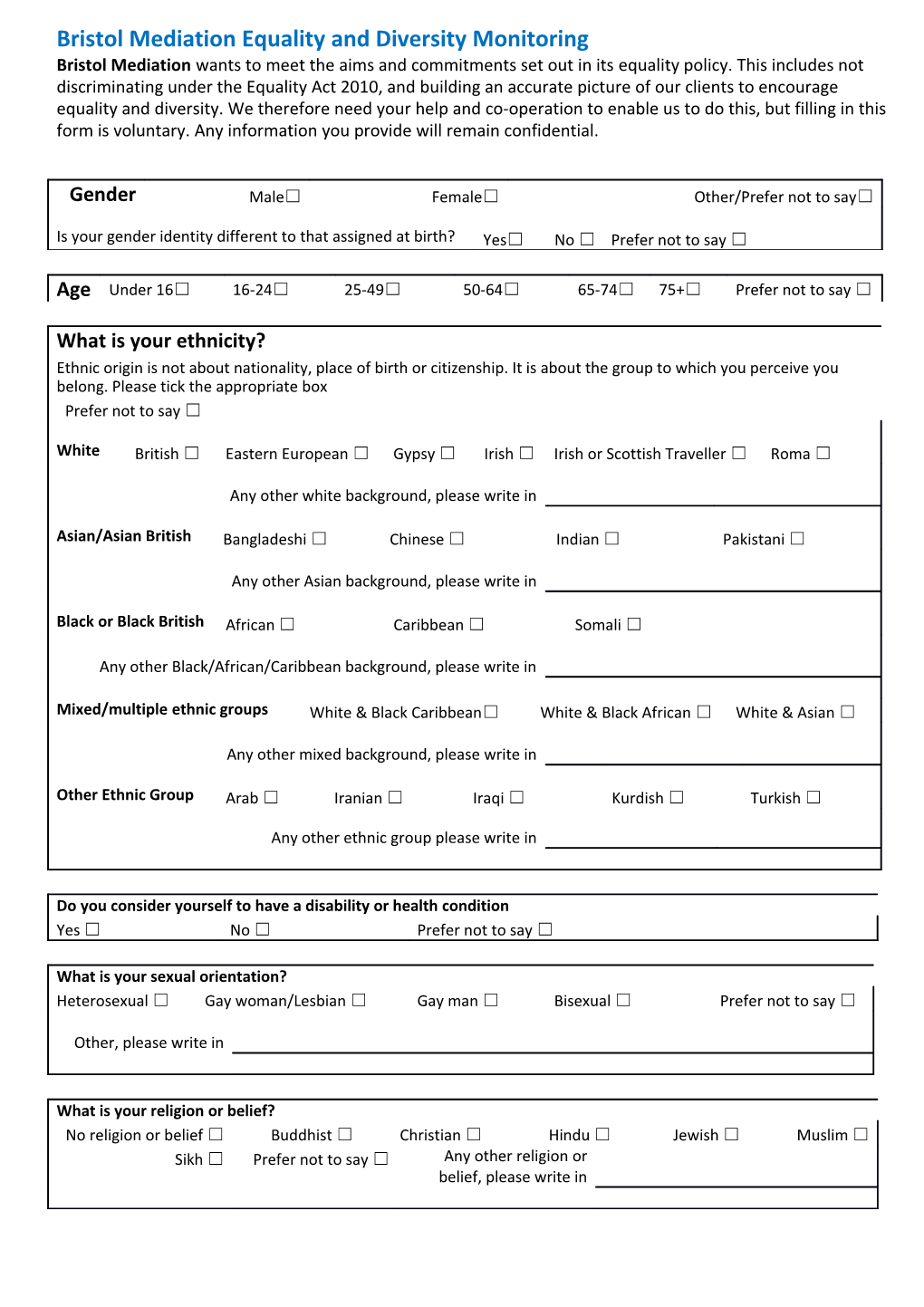 Bristol Mediation Equality and Diversity Monitoring