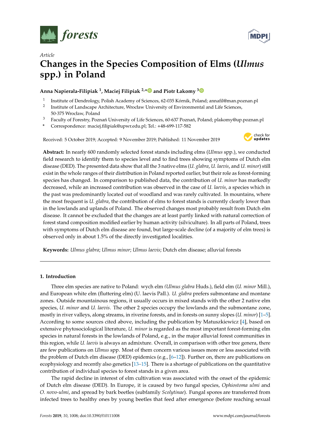 Changes in the Species Composition of Elms (Ulmus Spp.) in Poland