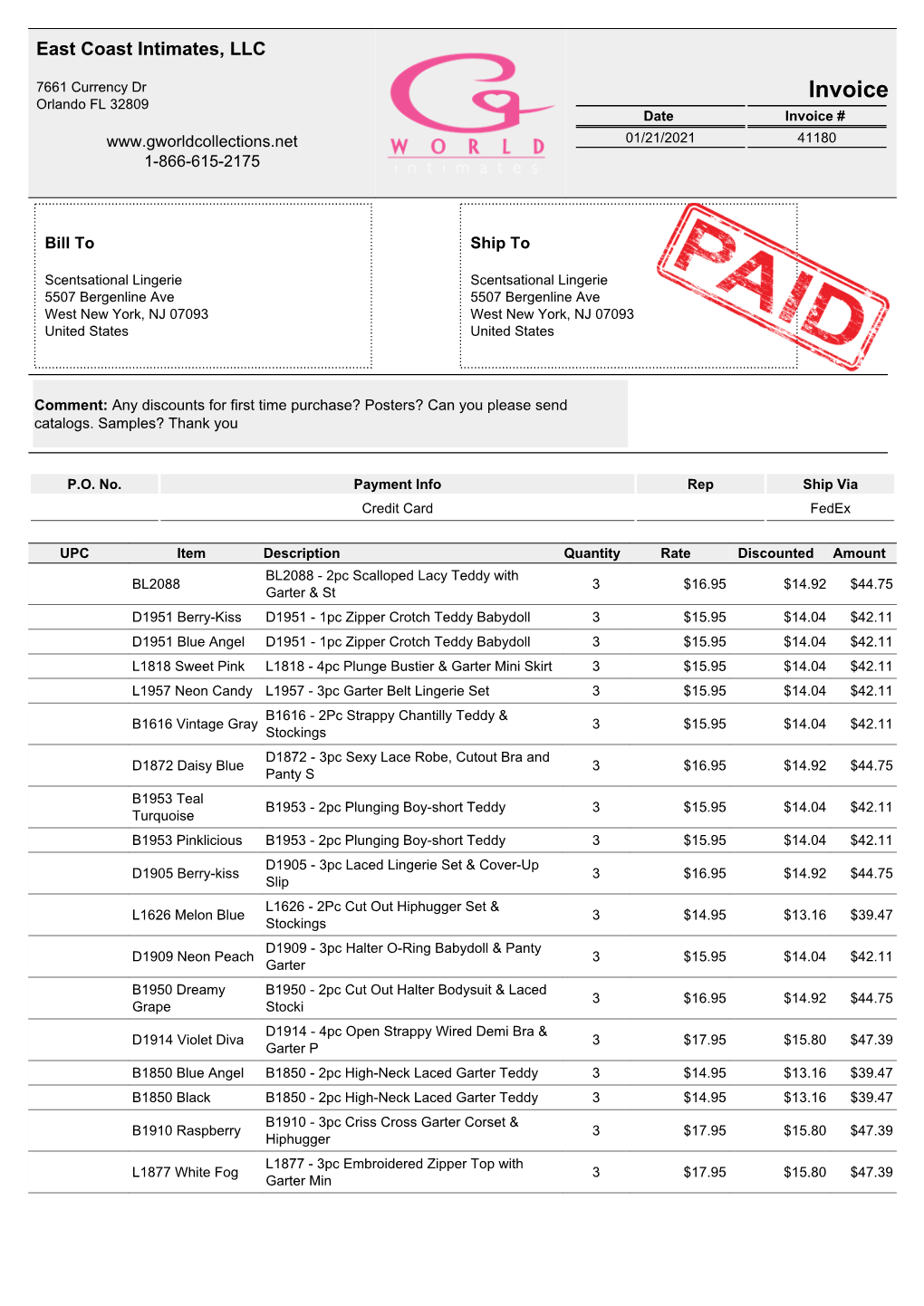 Invoice Orlando FL 32809 Date Invoice # 01/21/2021 41180 1-866-615-2175