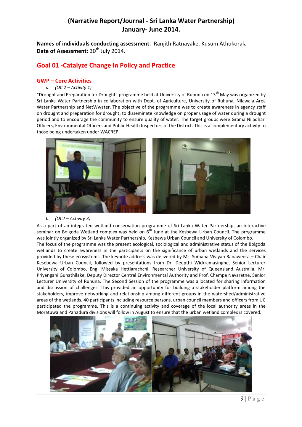 (Narrative Report/Journal - Sri Lanka Water Partnership) January- June 2014