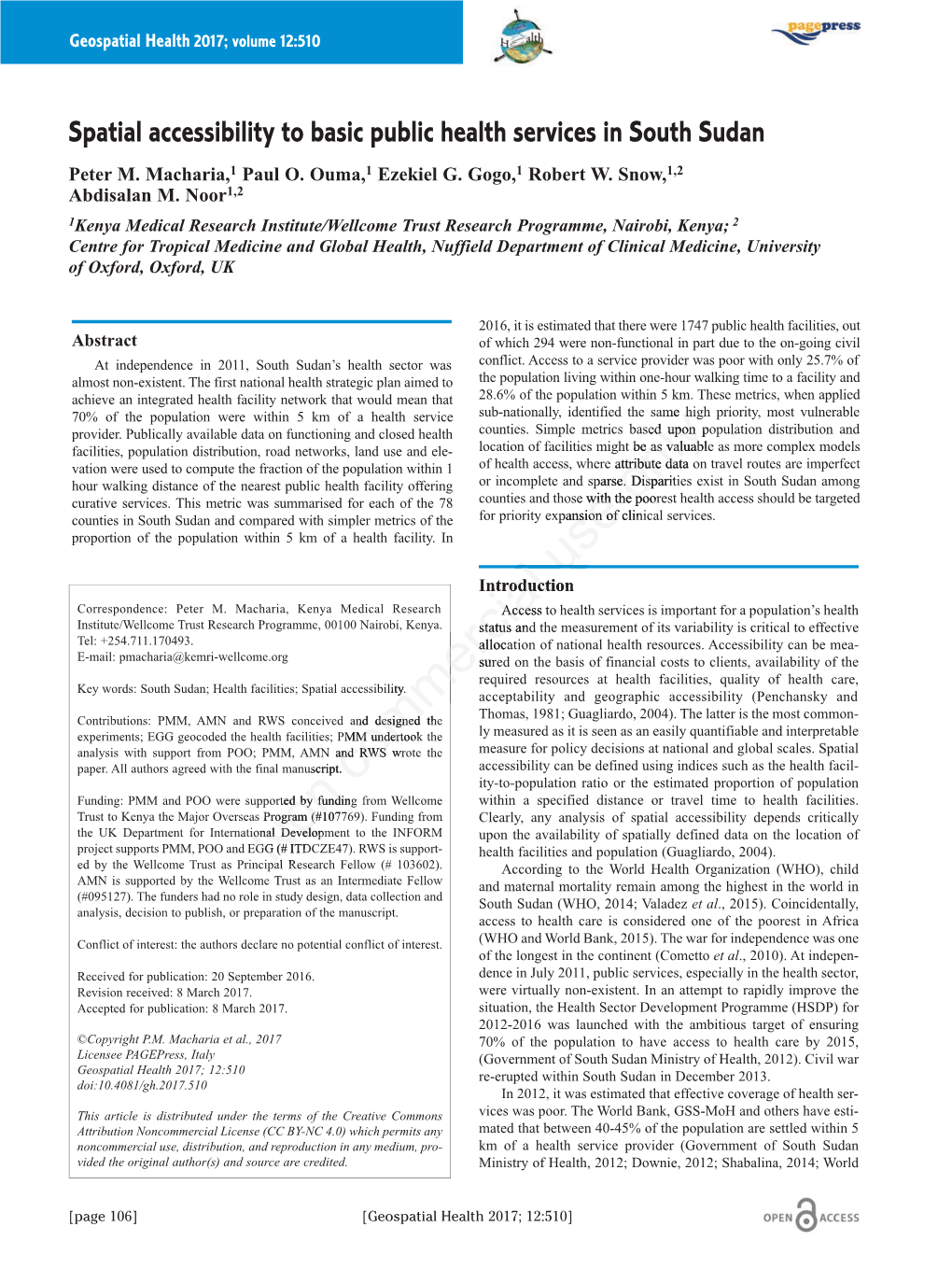 Spatial Accessibility to Basic Public Health Services in South Sudan