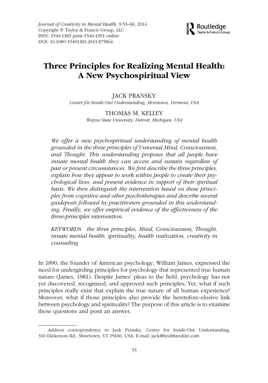 Three Principles for Realizing Mental Health: a New Psychospiritual View