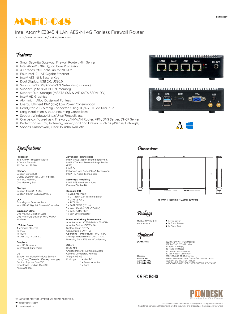 MNHO-048 DATASHEET Intel Atom® E3845 4 LAN AES-NI 4G Fanless Firewall Router