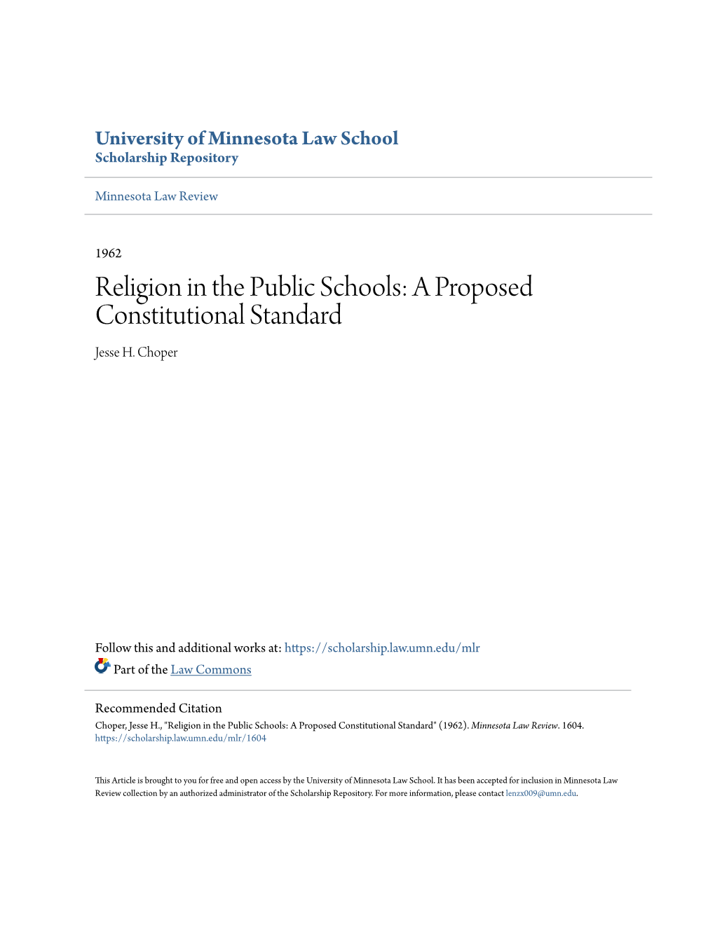 Religion in the Public Schools: a Proposed Constitutional Standard Jesse H