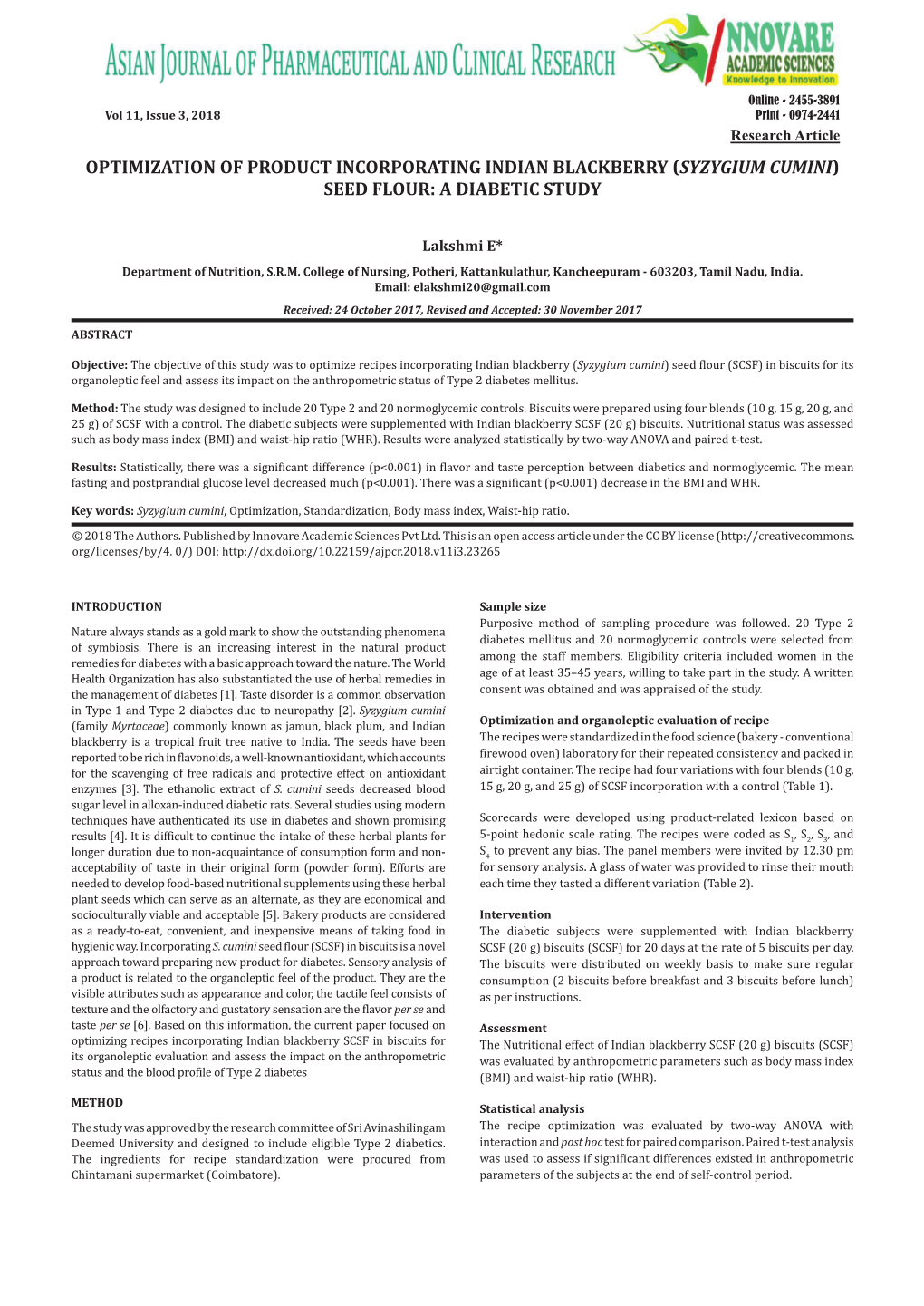 (Syzygium Cumini) Seed Flour: a Diabetic Study