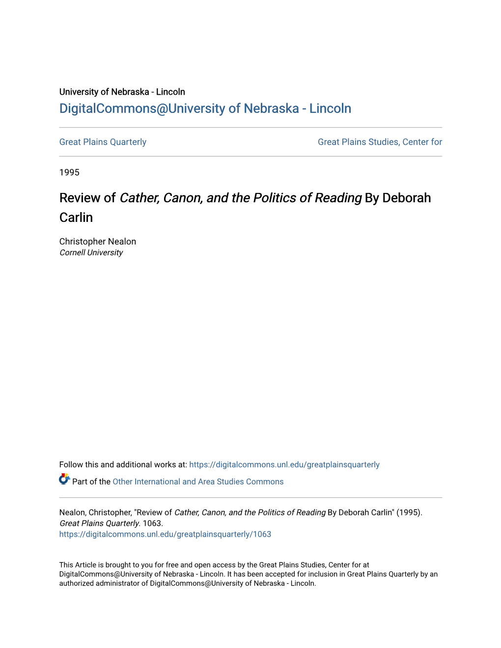 Review of Cather, Canon, and the Politics of Reading by Deborah Carlin