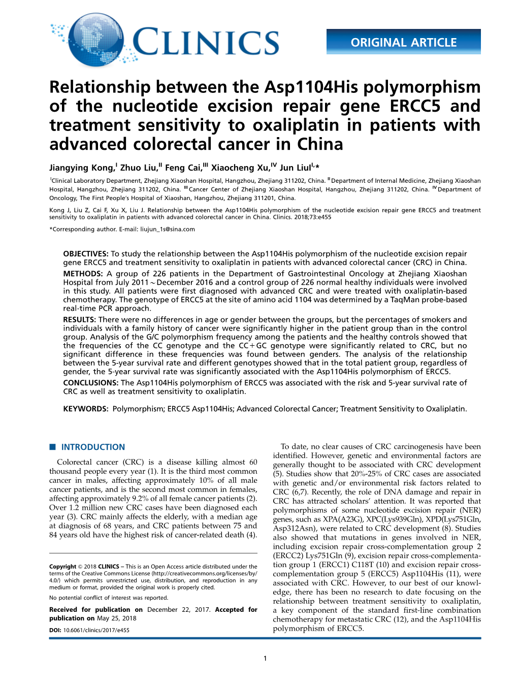 Relationship Between the Asp1104his Polymorphism of the Nucleotide Excision Repair Gene ERCC5 and Treatment Sensitivity to Oxali