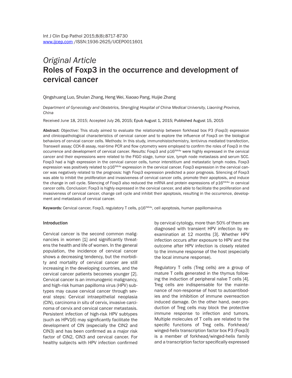 Original Article Roles of Foxp3 in the Occurrence and Development of Cervical Cancer