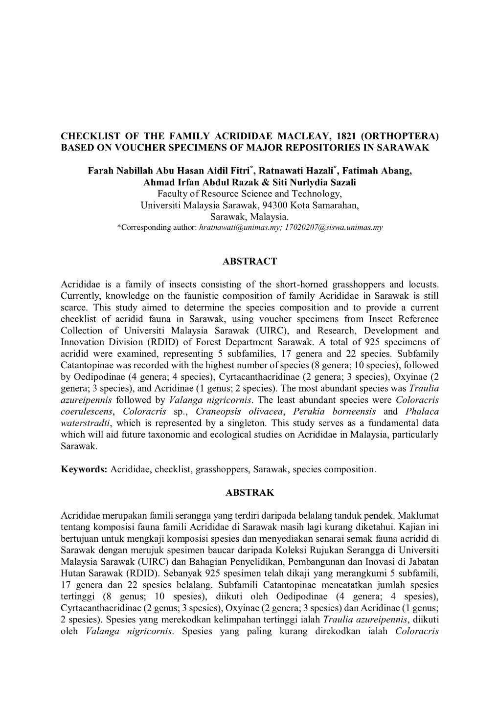 Checklist of the Family Acrididae Macleay, 1821 (Orthoptera) Based on Voucher Specimens of Major Repositories in Sarawak