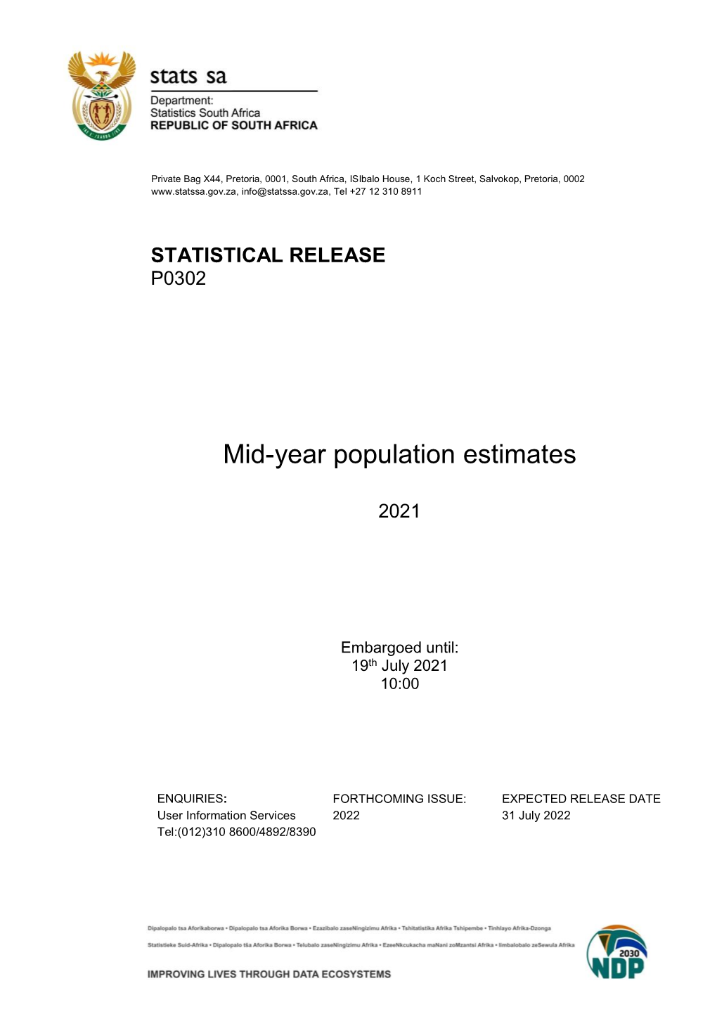 Mid-Year Population Estimates, 2021 (P0302) STATISTICS SOUTH AFRICA Iii P0302