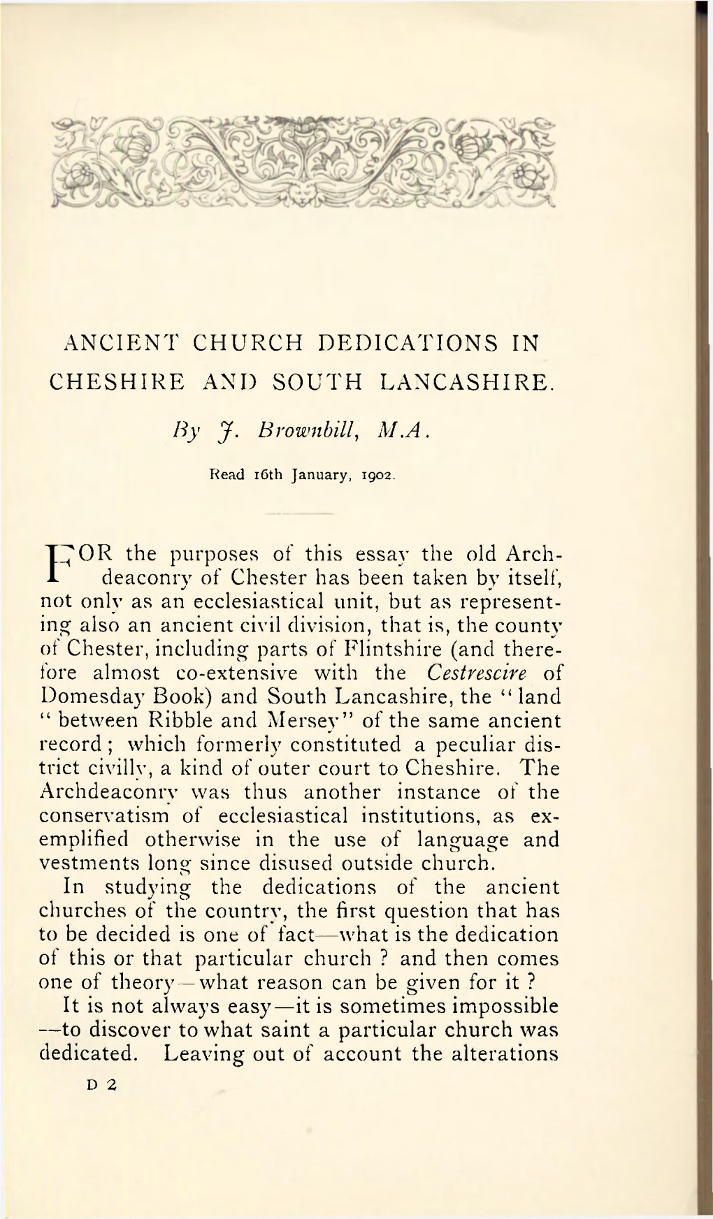 Ancient Church Dedications in Cheshire and South Lancashire