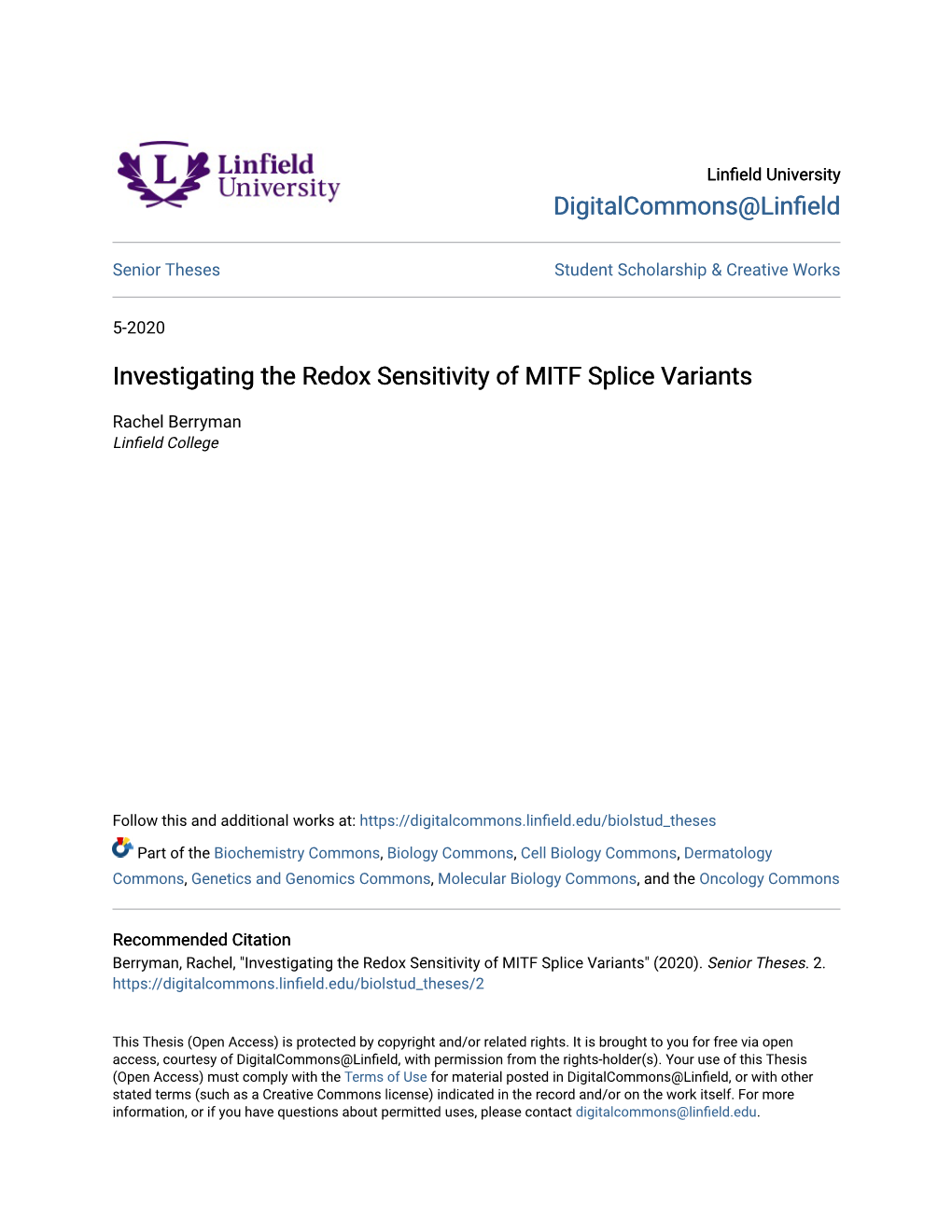 Investigating the Redox Sensitivity of MITF Splice Variants