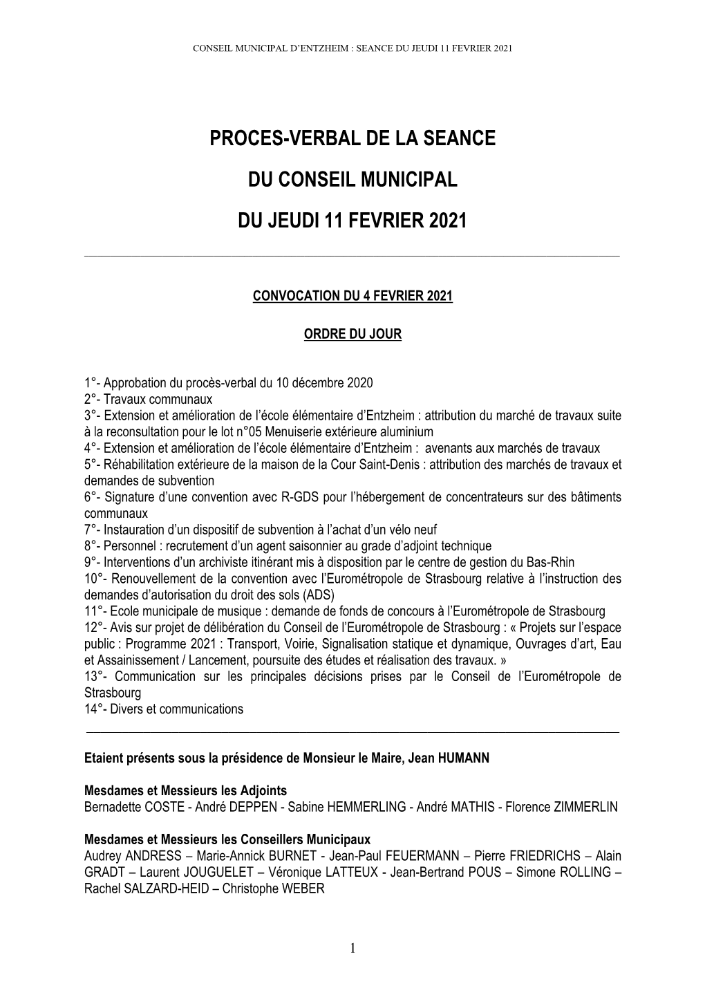 Proces-Verbal De La Seance Du Conseil Municipal Du Jeudi 11 Fevrier 2021