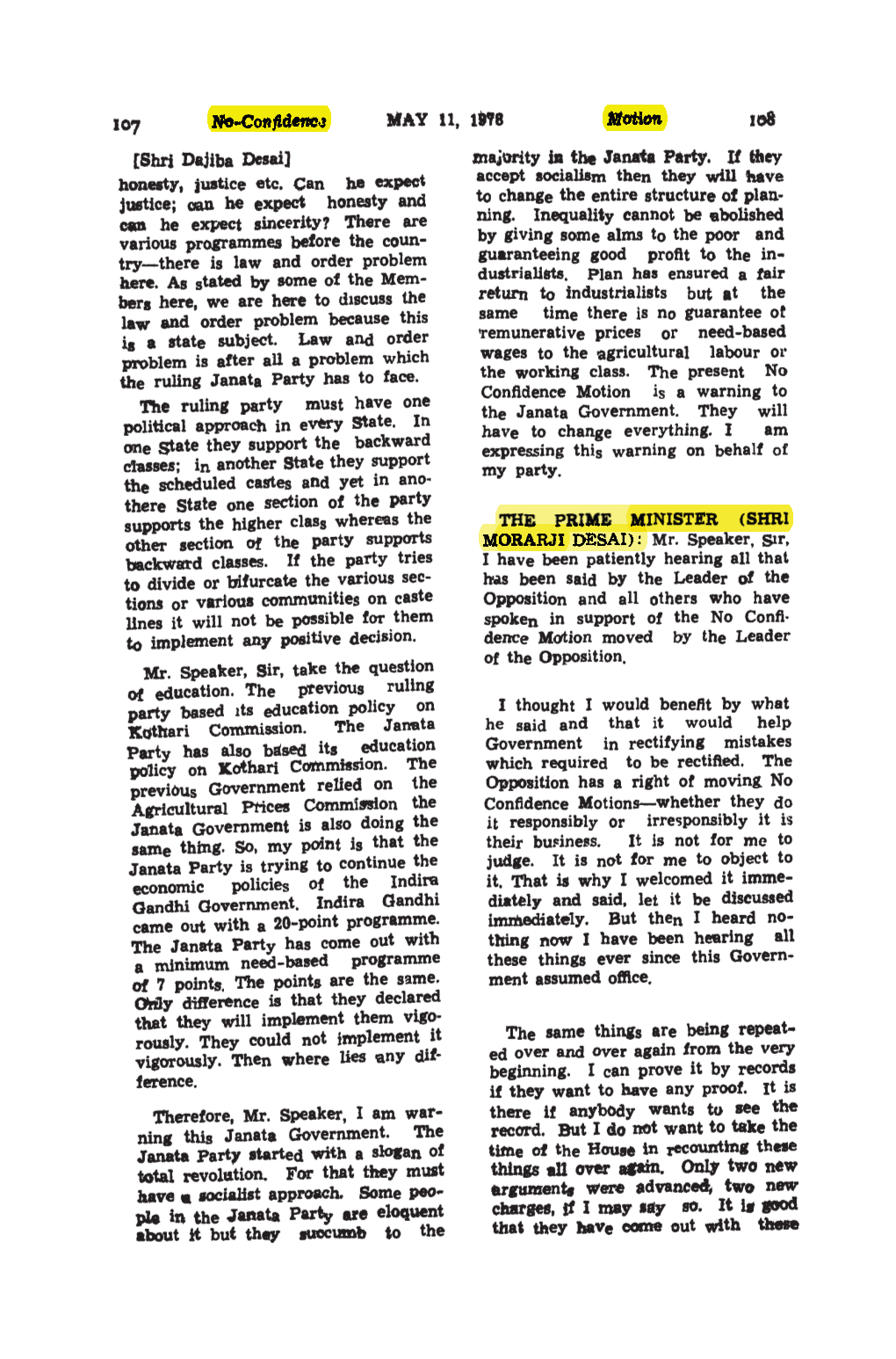 No!Cor»/Idenc» MAY 11, 1978 Motion 108 [Shri Dajiba Desai] Honesty