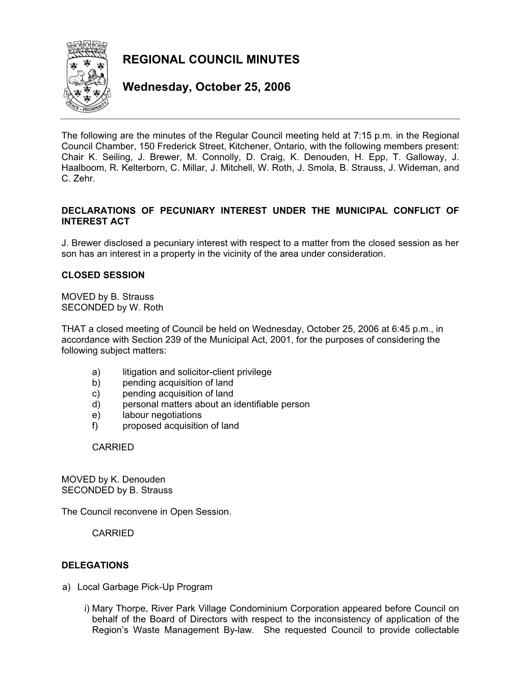 REGIONAL COUNCIL MINUTES Wednesday, October 25, 2006