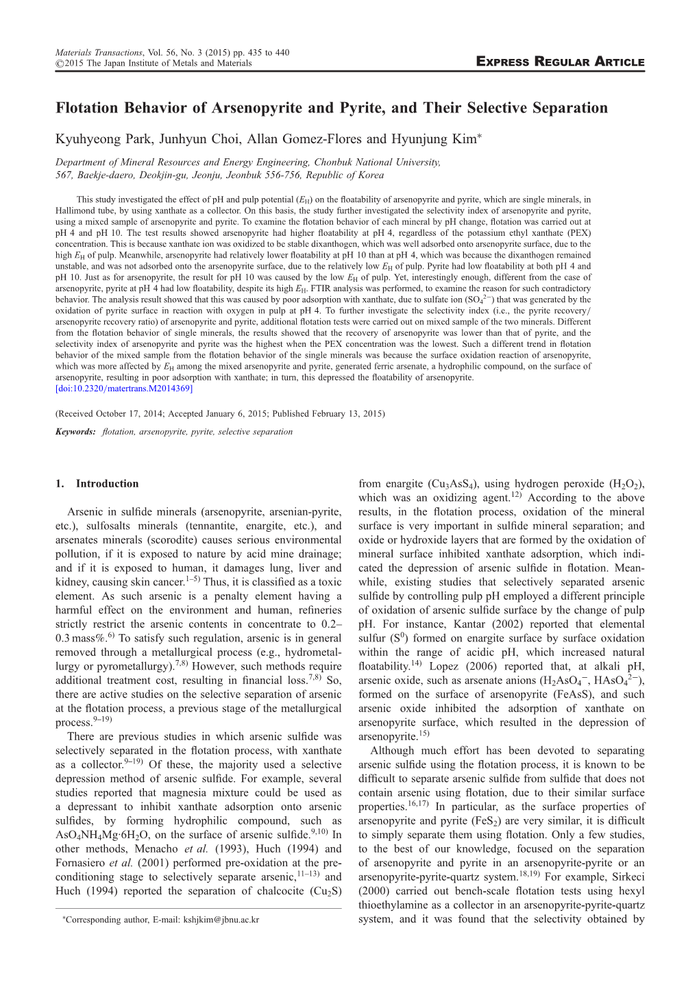 Flotation Behavior of Arsenopyrite and Pyrite, and Their Selective Separation