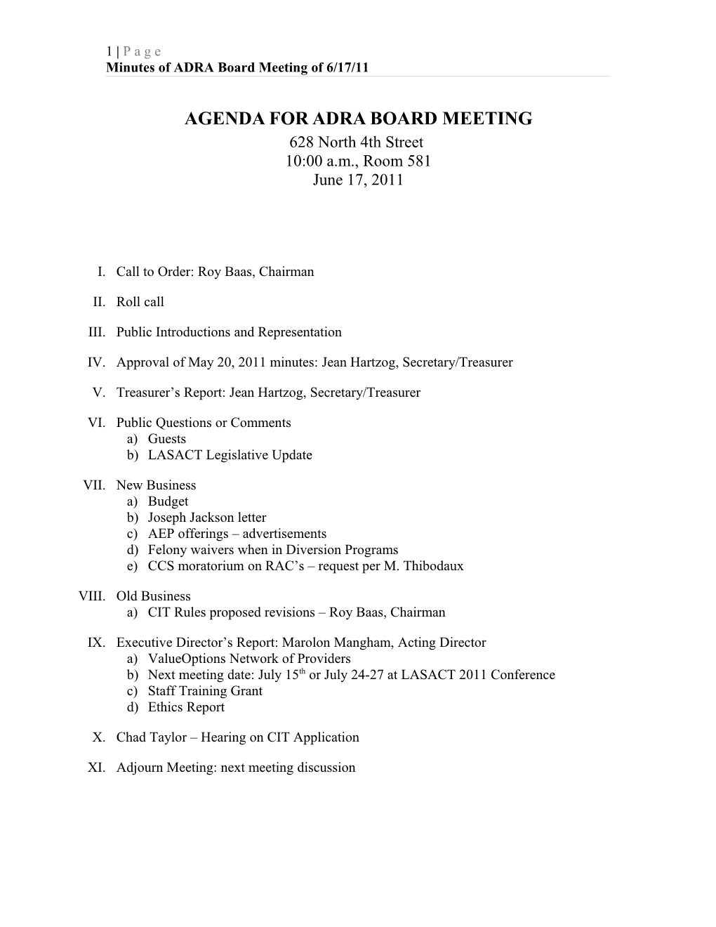 Agenda for Adra Board Meeting