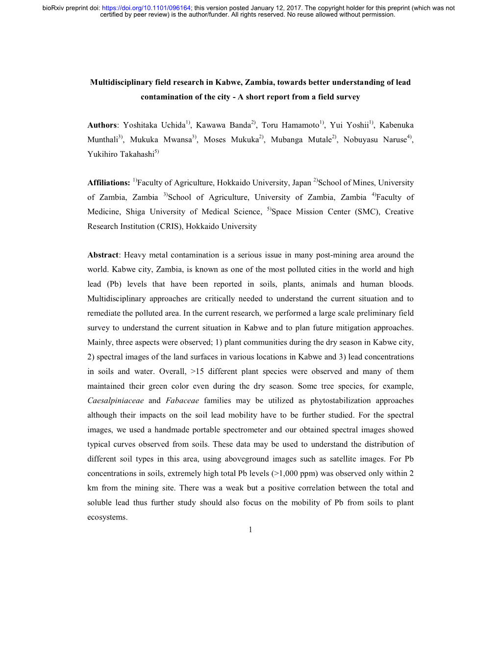 Multidisciplinary Field Research in Kabwe, Zambia, Towards Better Understanding of Lead Contamination of the City - a Short Report from a Field Survey