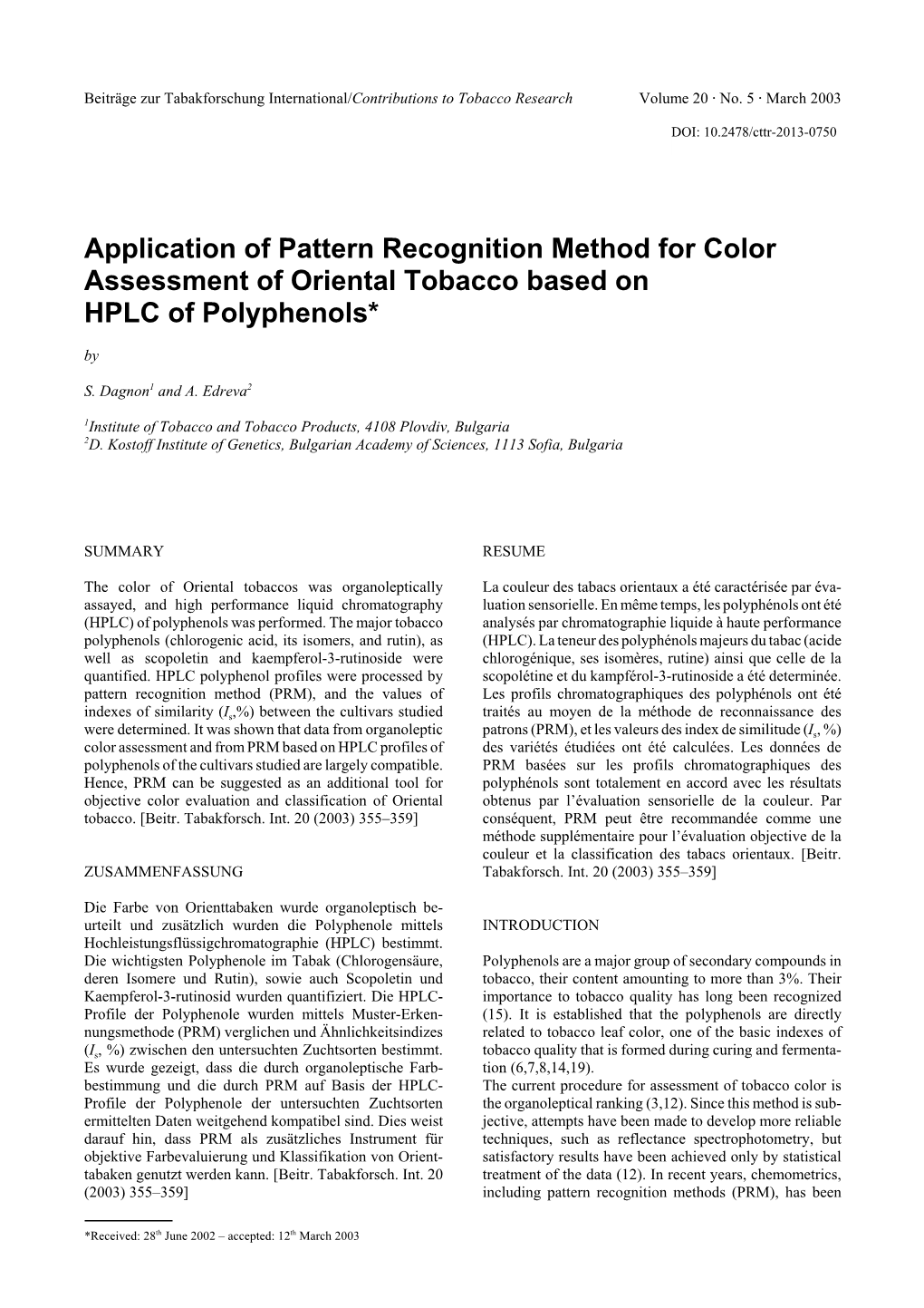 Application of Pattern Recognition Method for Color Assessment of Oriental Tobacco Based on HPLC of Polyphenols* By