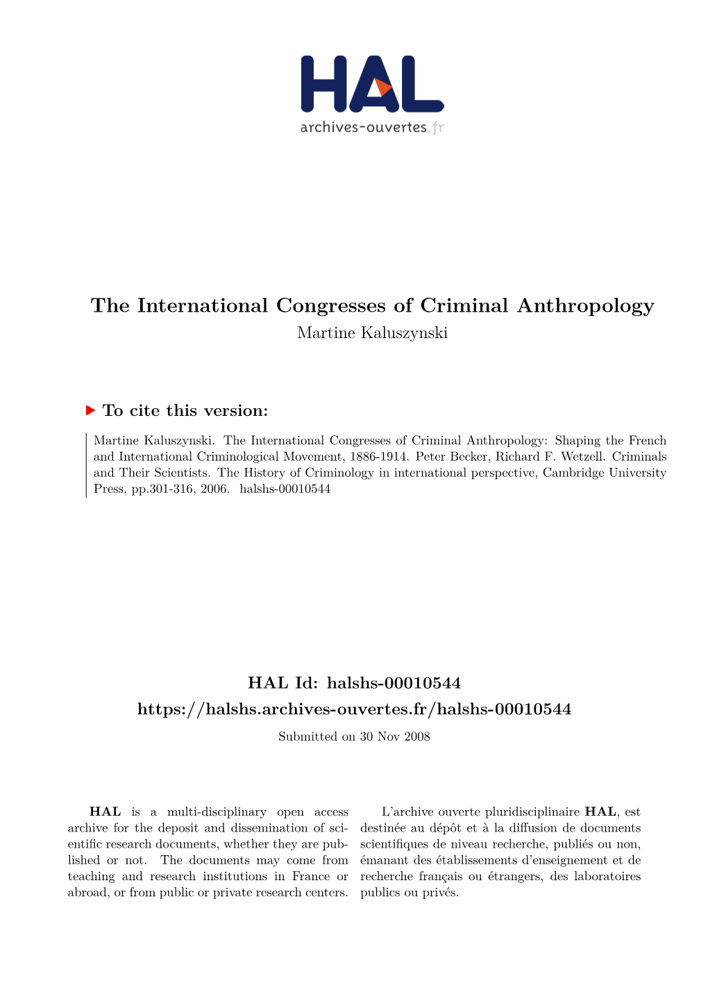 The International Congresses of Criminal Anthropology Martine Kaluszynski