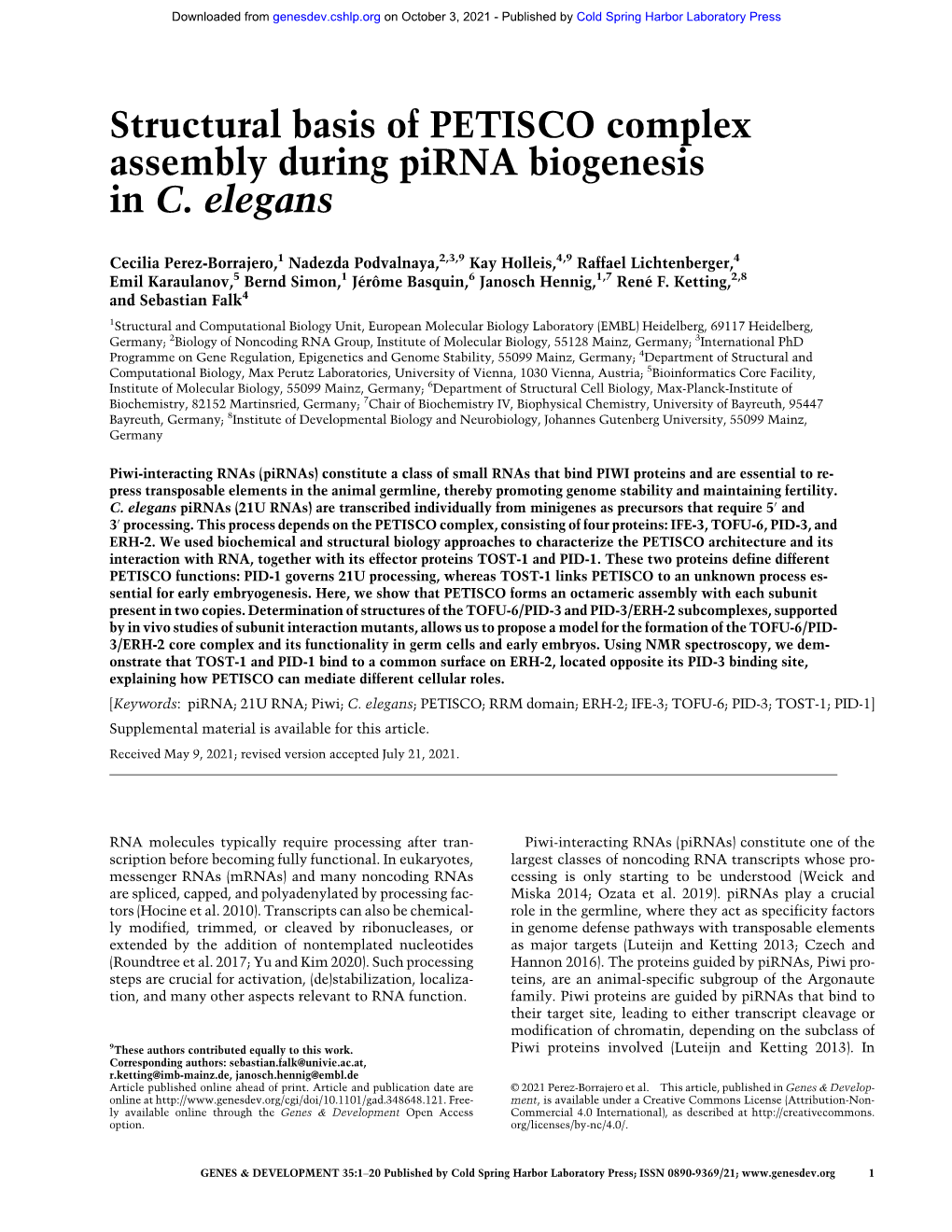 Structural Basis of PETISCO Complex Assembly During Pirna Biogenesis in C. Elegans