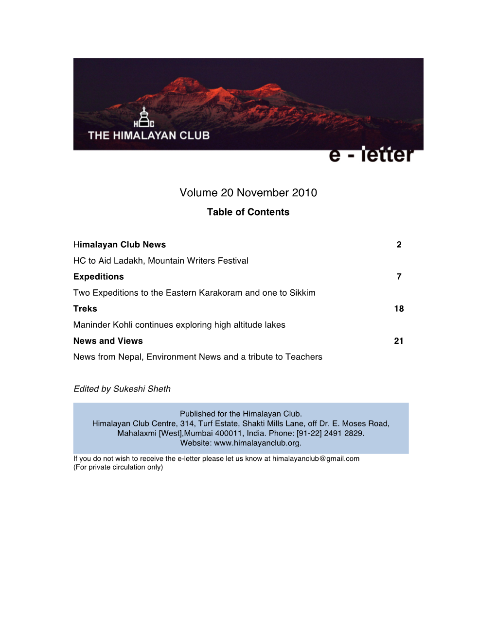 Volume 20 November 2010 Table of Contents