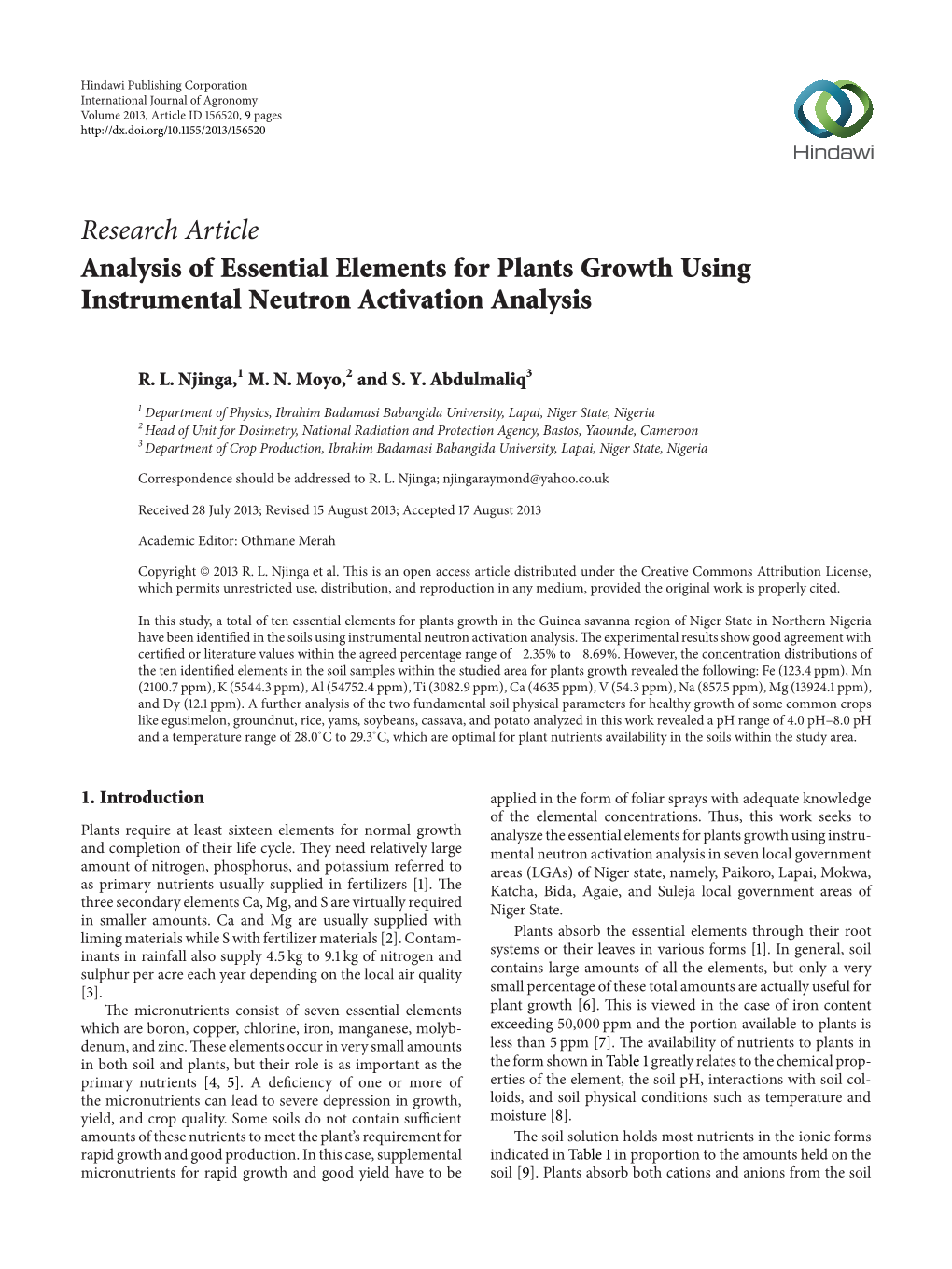 Analysis of Essential Elements for Plants Growth Using Instrumental Neutron Activation Analysis