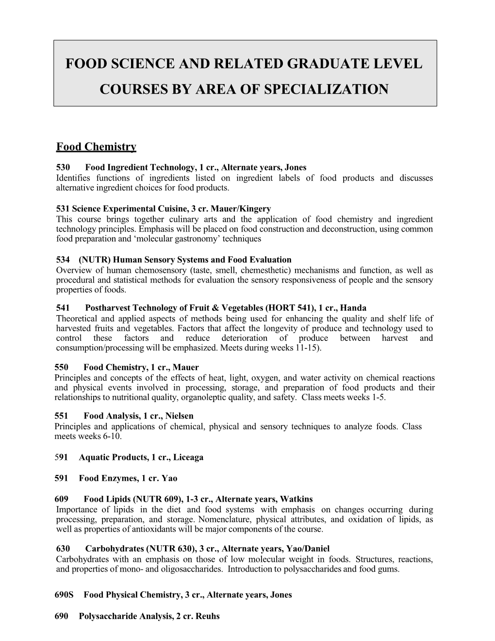 Food Science and Related Graduate Level Courses by Area of Specialization