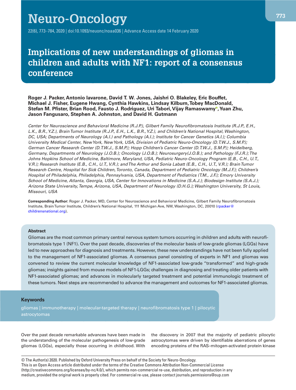 Implications of New Understandings of Gliomas in Children and Adults with NF1: Report of a Consensus Conference