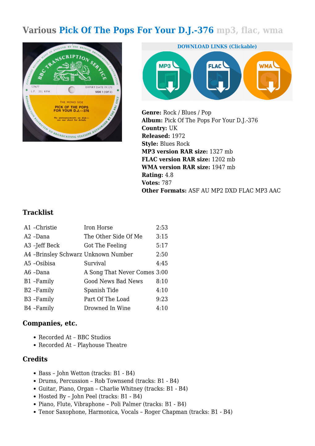 Various Pick of the Pops for Your DJ-376 Mp3, Flac