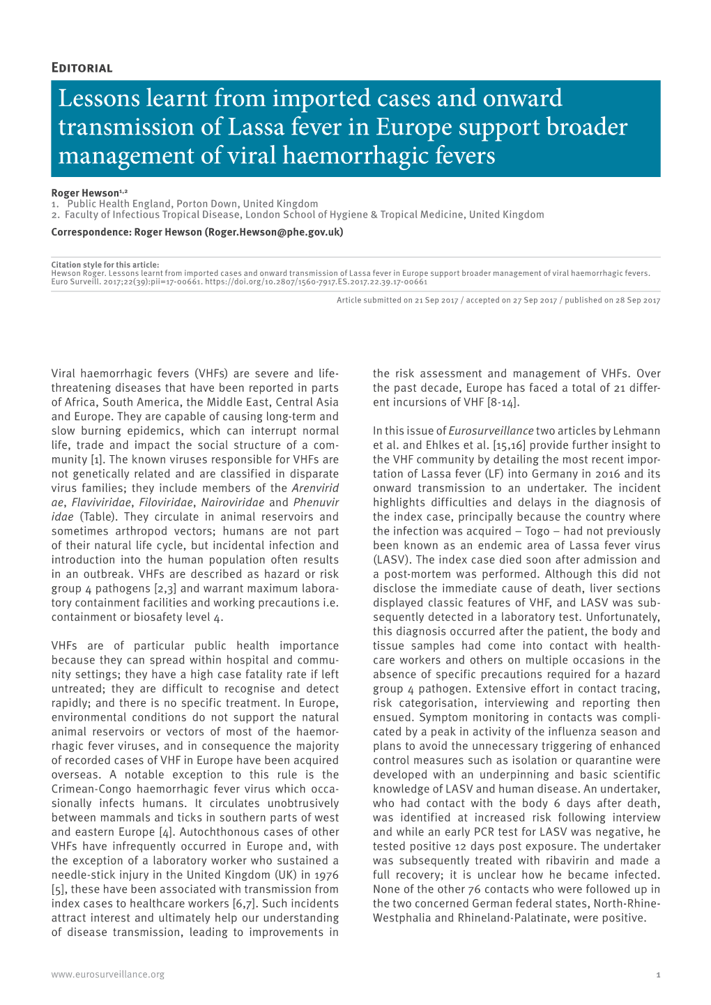 Lessons Learnt from Imported Cases and Onward Transmission of Lassa Fever in Europe Support Broader Management of Viral Haemorrhagic Fevers