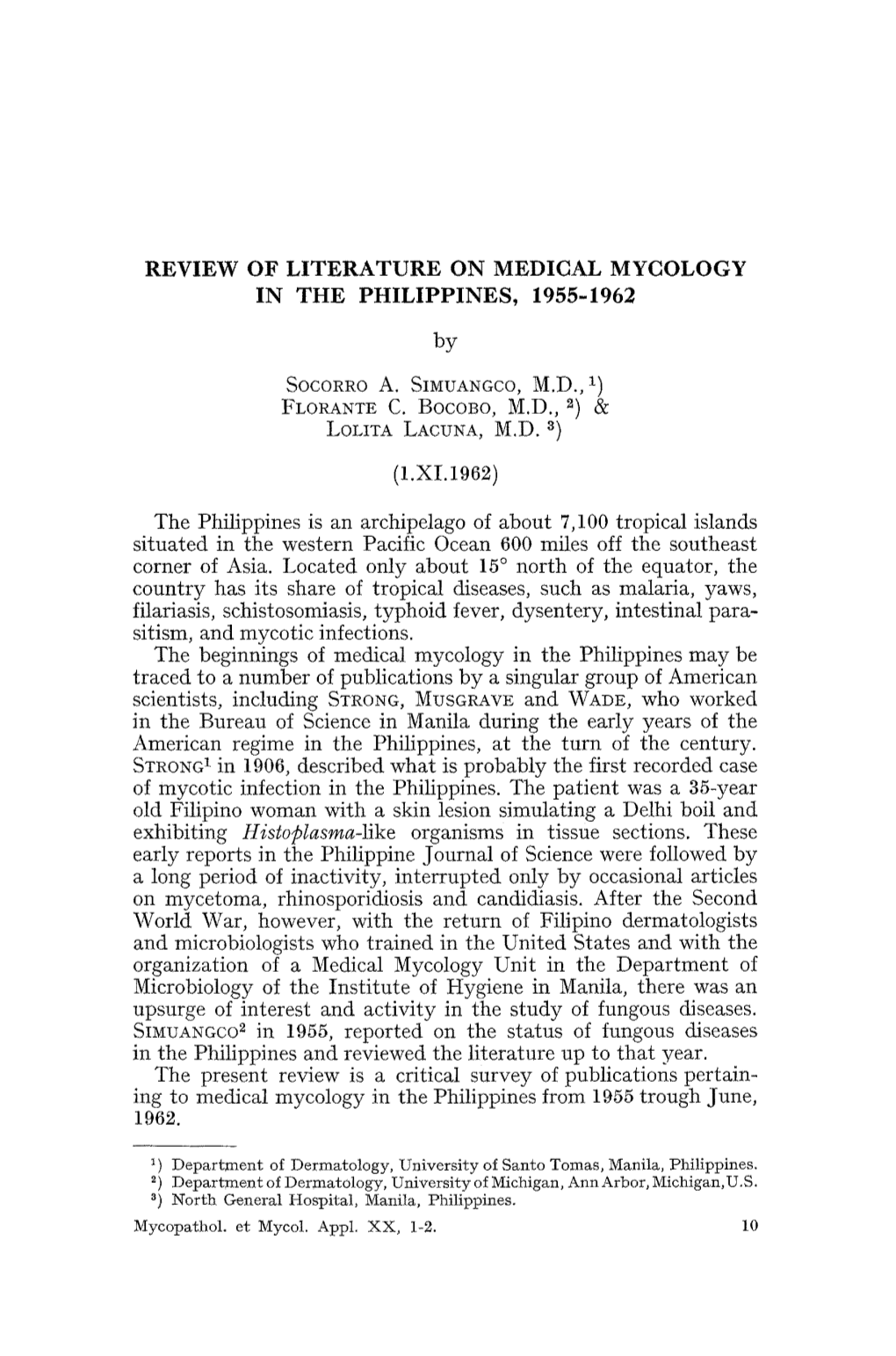 Review of Literature on Medical Mycology in the Philippines, 1955&