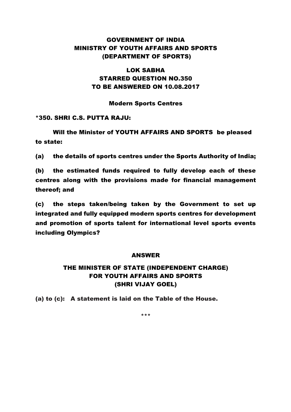 Lok Sabha Starred Question No.350 to Be Answered on 10.08.2017