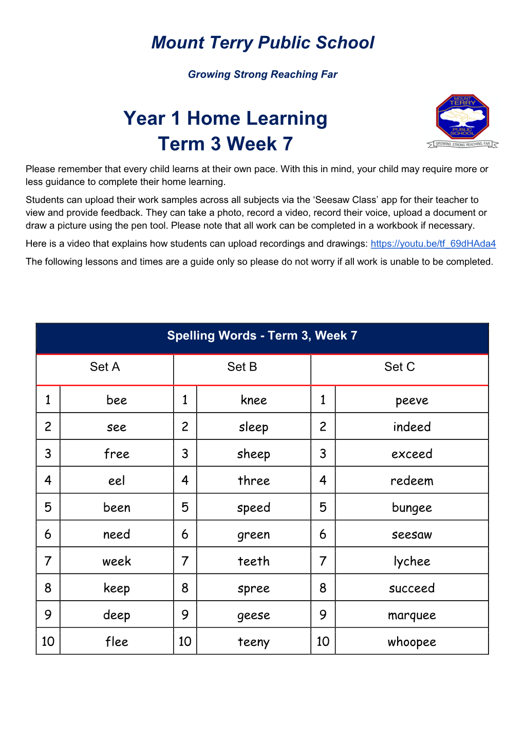Year 1 Home Learning Term 3 Week 7