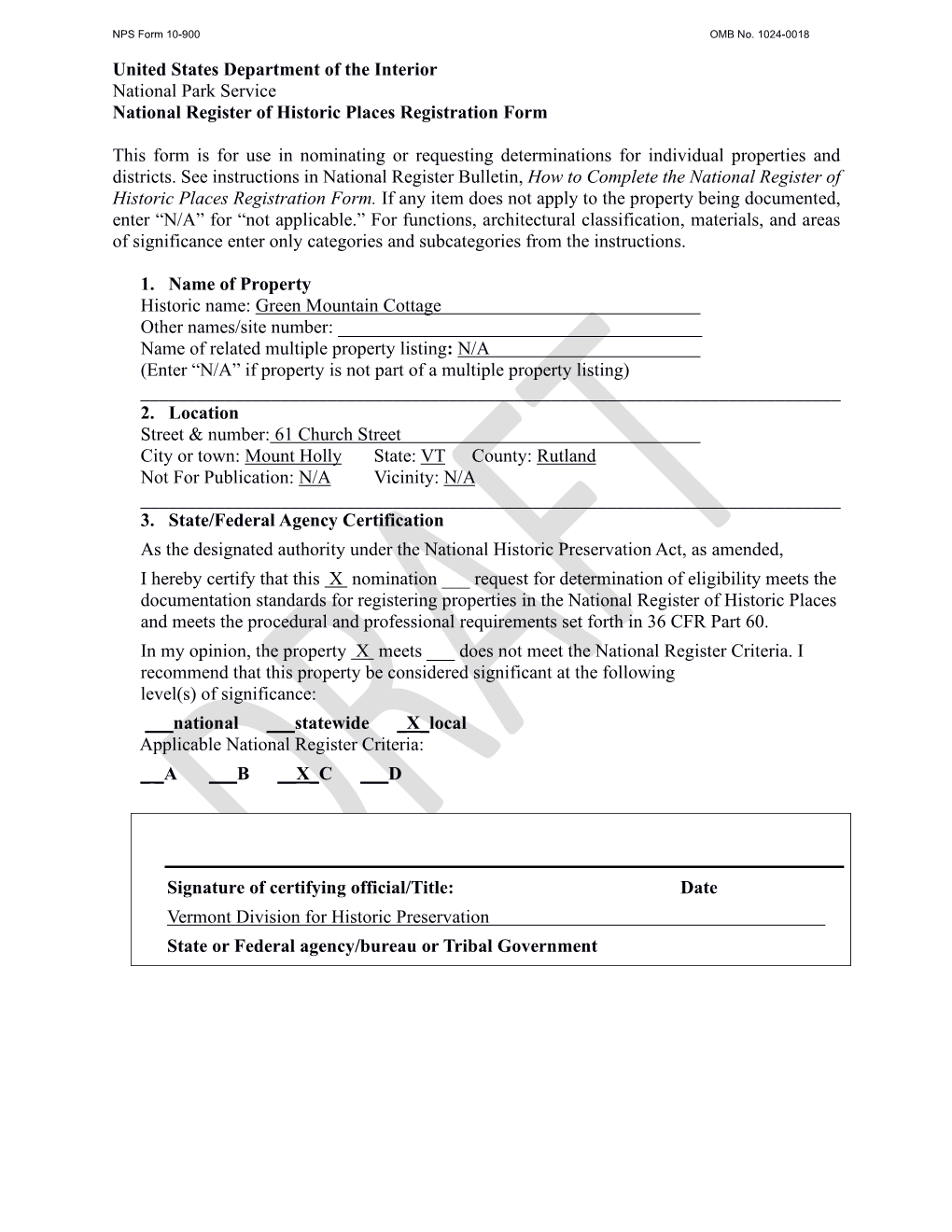 United States Department of the Interior National Park Service National Register of Historic Places Registration Form