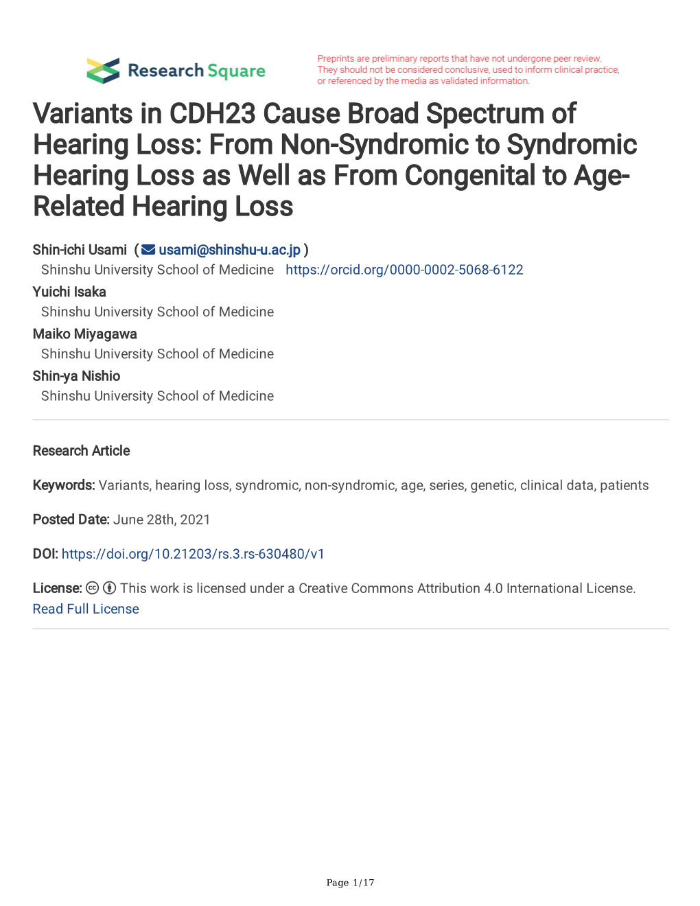 Variants in CDH23 Cause Broad Spectrum of Hearing Loss: from Non-Syndromic to Syndromic Hearing Loss As Well As from Congenital to Age- Related Hearing Loss