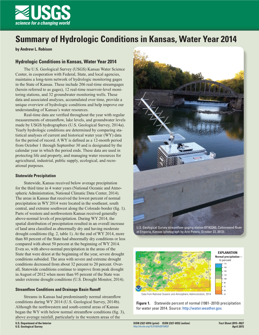 Summary of Hydrologic Conditions in Kansas, Water Year 2014 by Andrew L