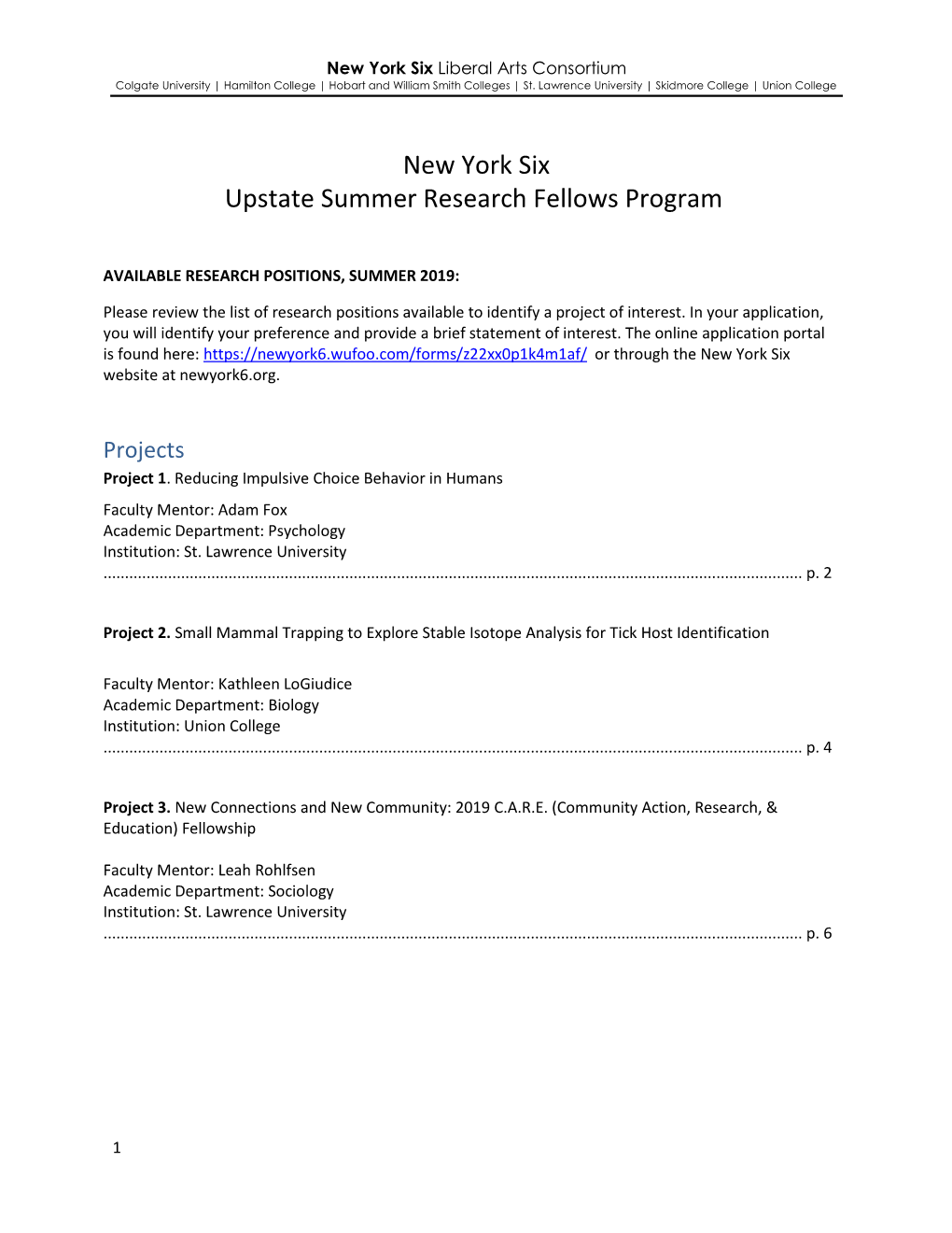 New York Six Upstate Summer Research Fellows Program