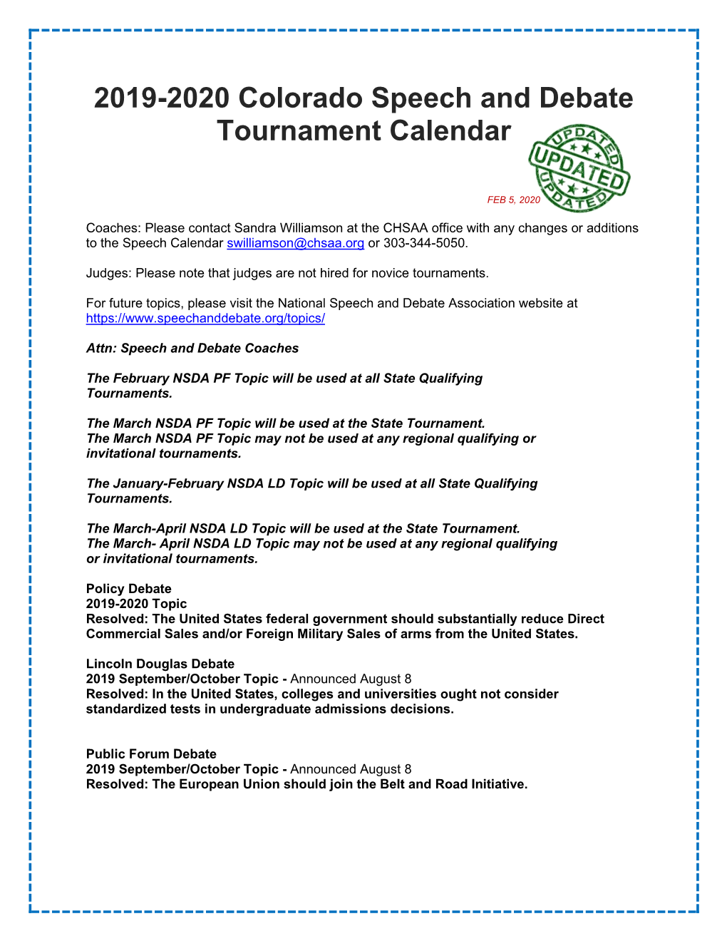 2019-2020 Colorado Speech and Debate Tournament Calendar
