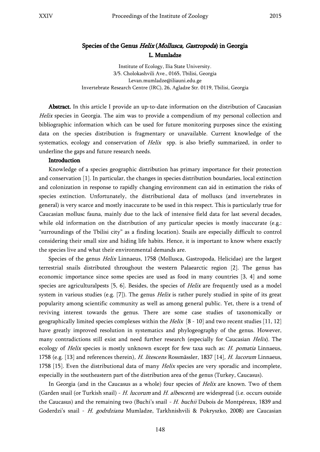 148 Species of the Genus Helix (Mollusca, Gastropoda) in Georgia