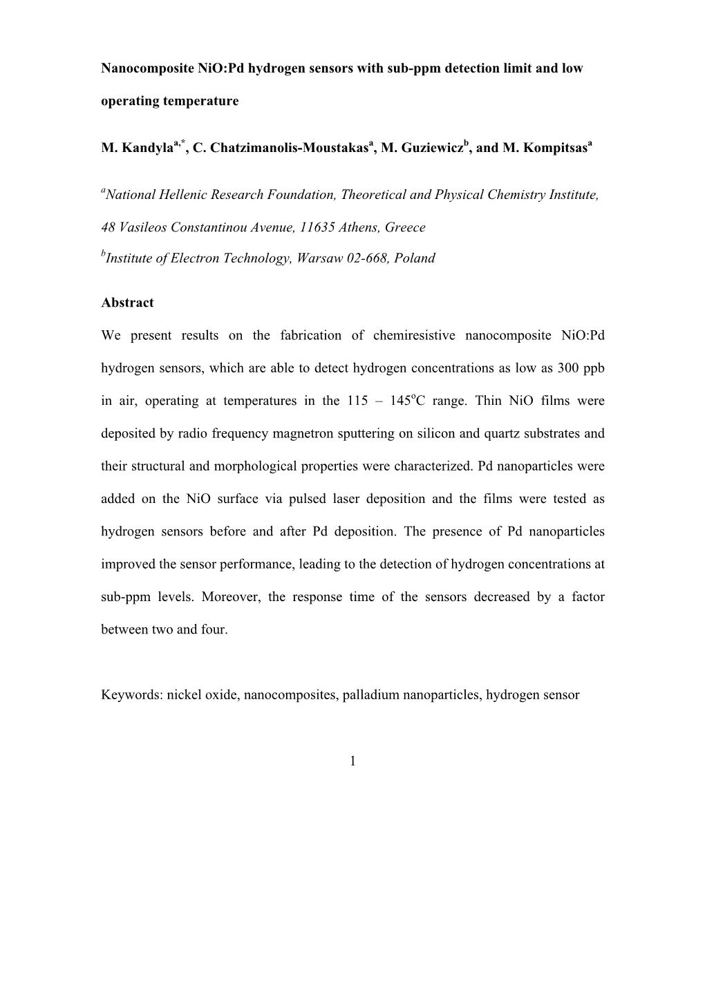 1 Nanocomposite Nio:Pd Hydrogen Sensors with Sub-Ppm Detection